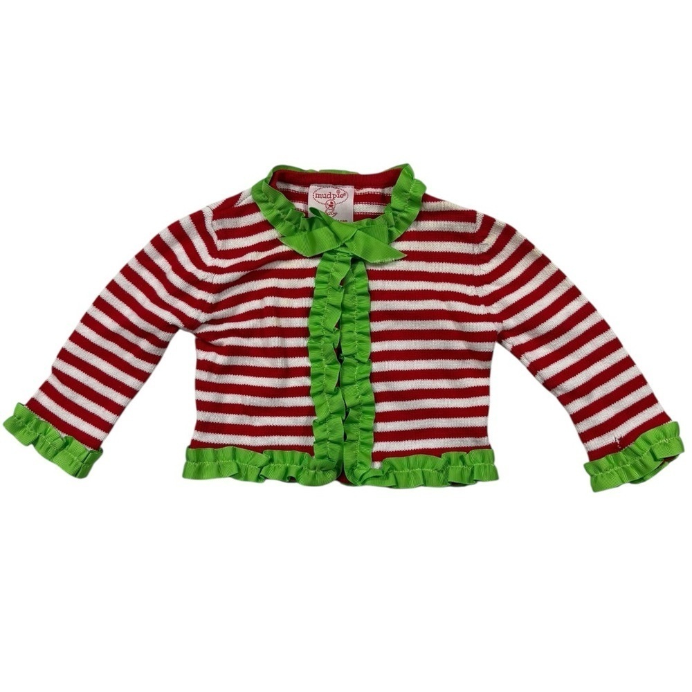 Mud Pie Striped Red and Green Ruffle Cardigan Size 0-6M
